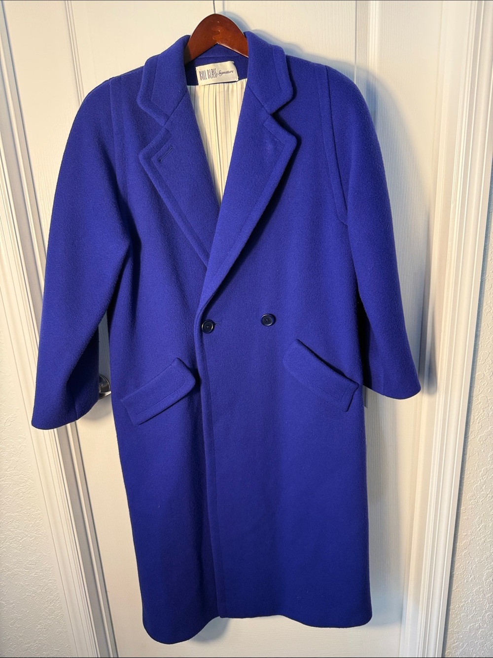 Bill Blass Bold Blue 100% Wool Double-Breasted Overcoat Pockets Sz L